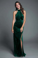 Load image into Gallery viewer, Burgundy Mermaid Halter Velvet Ruched Long Holiday Party Dress with Slit