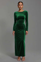 Load image into Gallery viewer, Navy Velvet Sheath Boat Neck Long Holiday Party Dress with Sleeves
