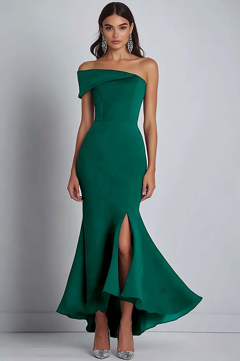Load image into Gallery viewer, Navy Satin Off the Shoulder Sheath Long Formal Dress with Slit