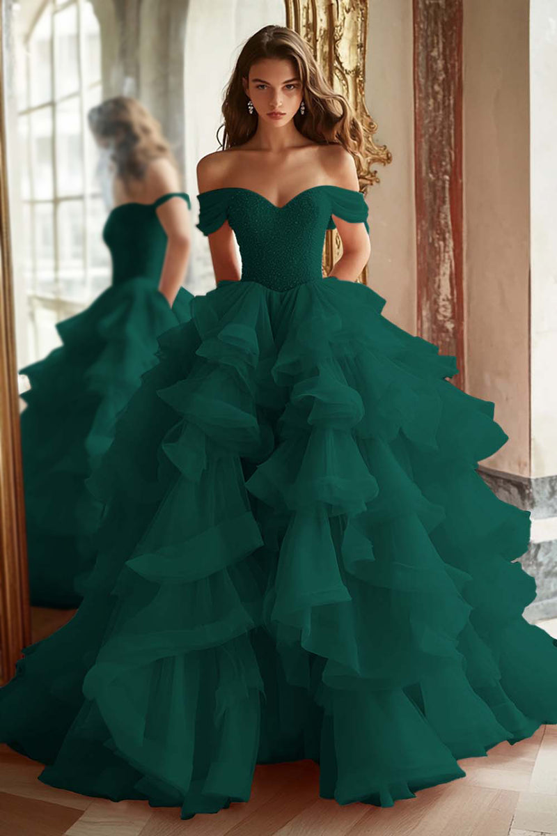 Load image into Gallery viewer, Princess Ball Gown Dusty Blue Off the Shoulder Long Tulle Prom Dress