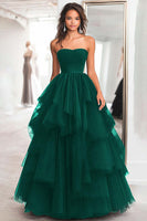 Load image into Gallery viewer, Black Strapless Tulle Tiered Floor Length Prom Dress