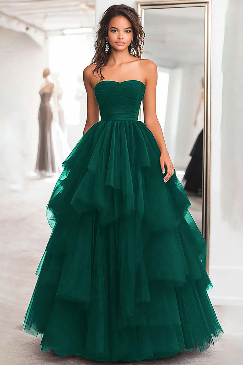 Load image into Gallery viewer, Black Strapless Tulle Tiered Floor Length Prom Dress