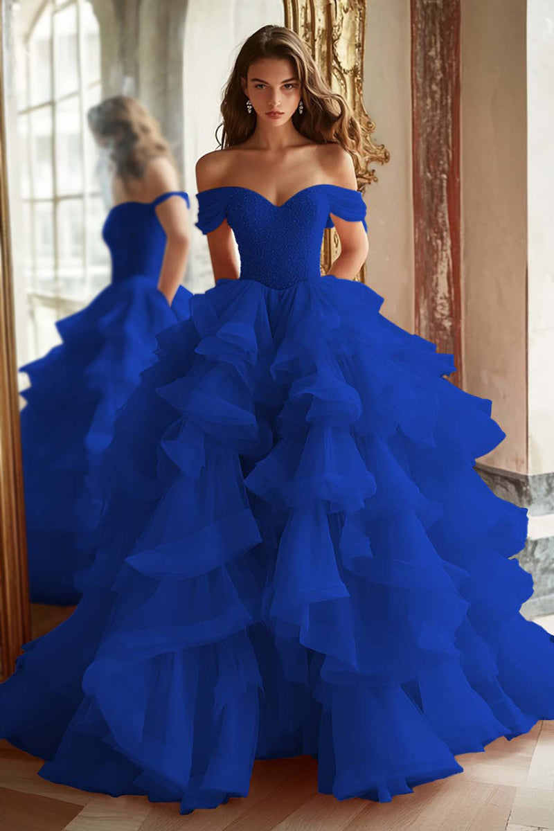 Load image into Gallery viewer, Princess Ball Gown Dusty Blue Off the Shoulder Long Tulle Prom Dress