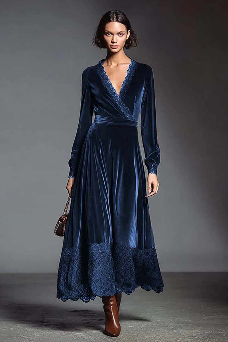Load image into Gallery viewer, Coffee V-Neck Long Sleeves Velvet Holiday Party Dress with Lace