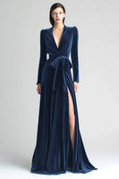 Load image into Gallery viewer, Peacock Blue A Line Ruched Velvet Long Sleeves Holiday Party Dress with Sash