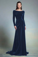 Load image into Gallery viewer, Dark Green Bateau Neck Velvet Long Formal Dress with Sleeves