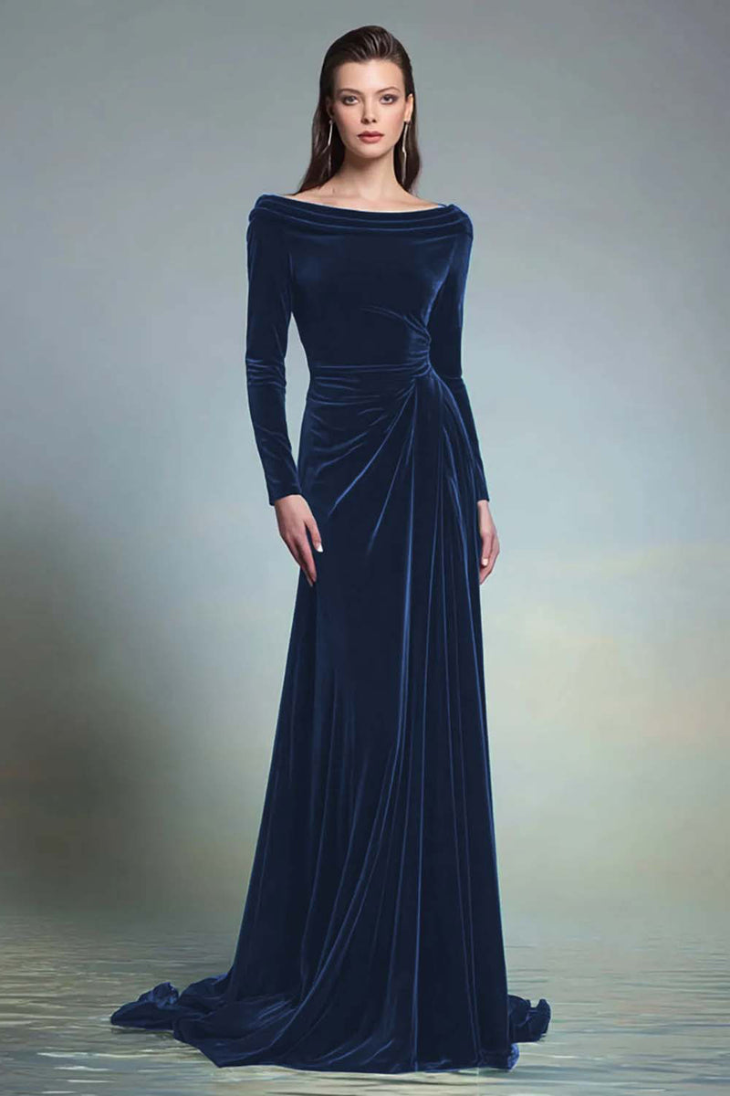 Load image into Gallery viewer, Dark Green Bateau Neck Velvet Long Formal Dress with Sleeves