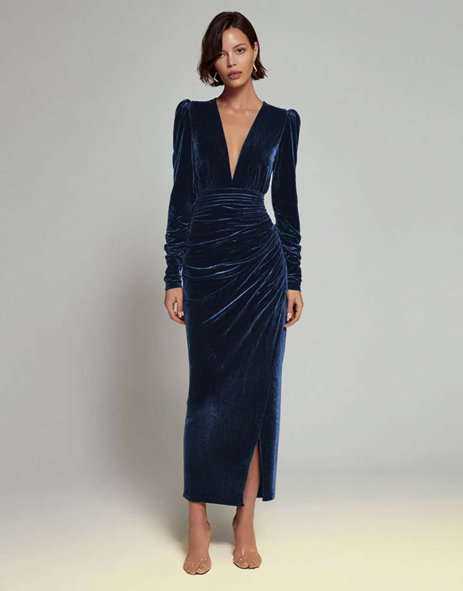 Load image into Gallery viewer, Olive Sheath Deep V-Neck Velvet Long Holiday Party Dress with Sleeves