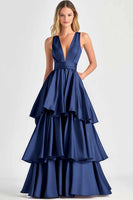 Load image into Gallery viewer, Dusty Sage A Line V-Neck Tiered Satin Long Formal Dress