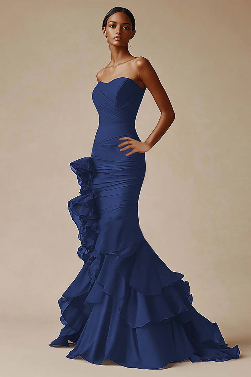 Load image into Gallery viewer, Sweetheart Mermaid Tiered Long Black Tie Dress
