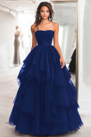 Load image into Gallery viewer, Black Strapless Tulle Tiered Floor Length Prom Dress