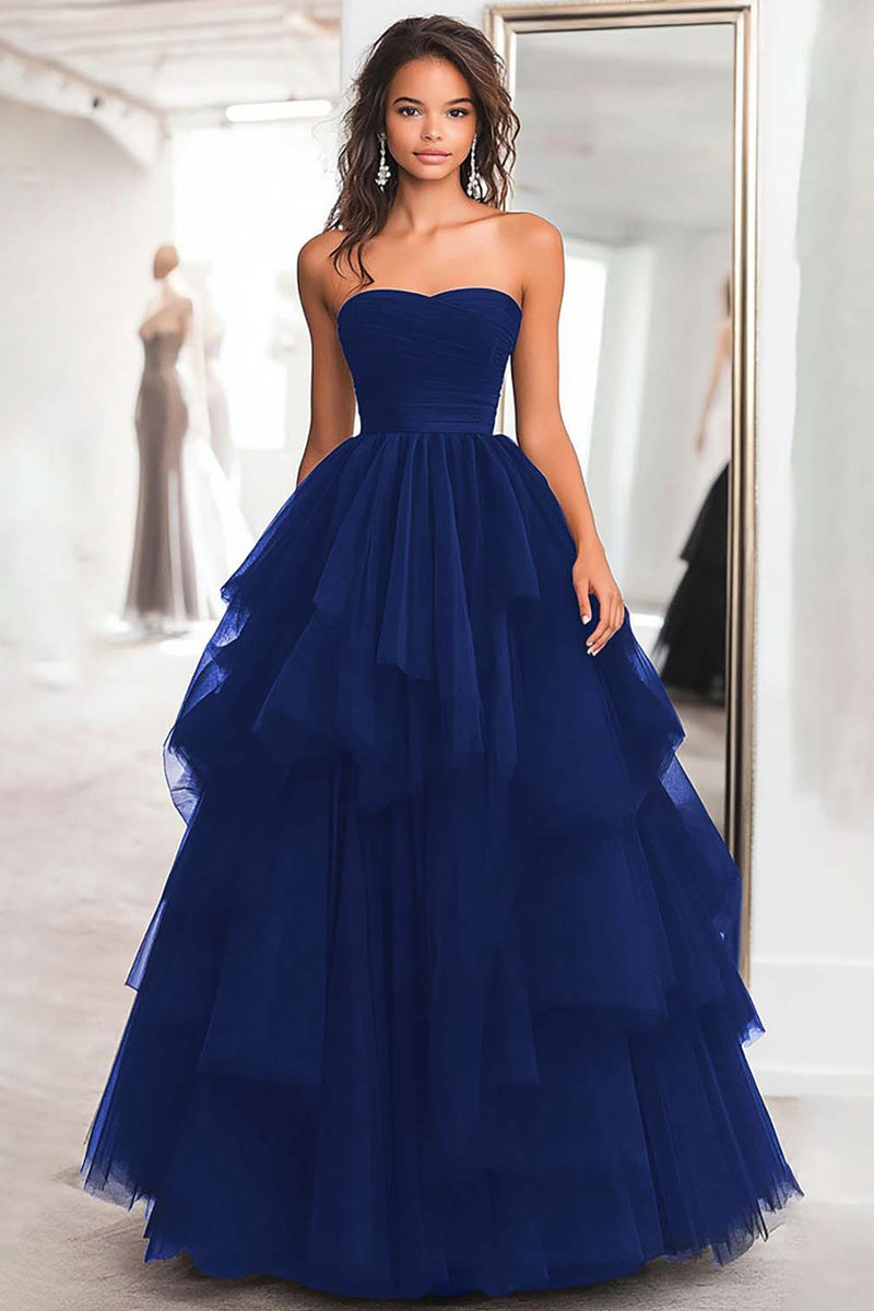 Load image into Gallery viewer, Black Strapless Tulle Tiered Floor Length Prom Dress