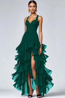 Load image into Gallery viewer, Women Dark Green Organza Ruffled Formal Dress Spaghetti Straps A Line High Low Black Tie Dress