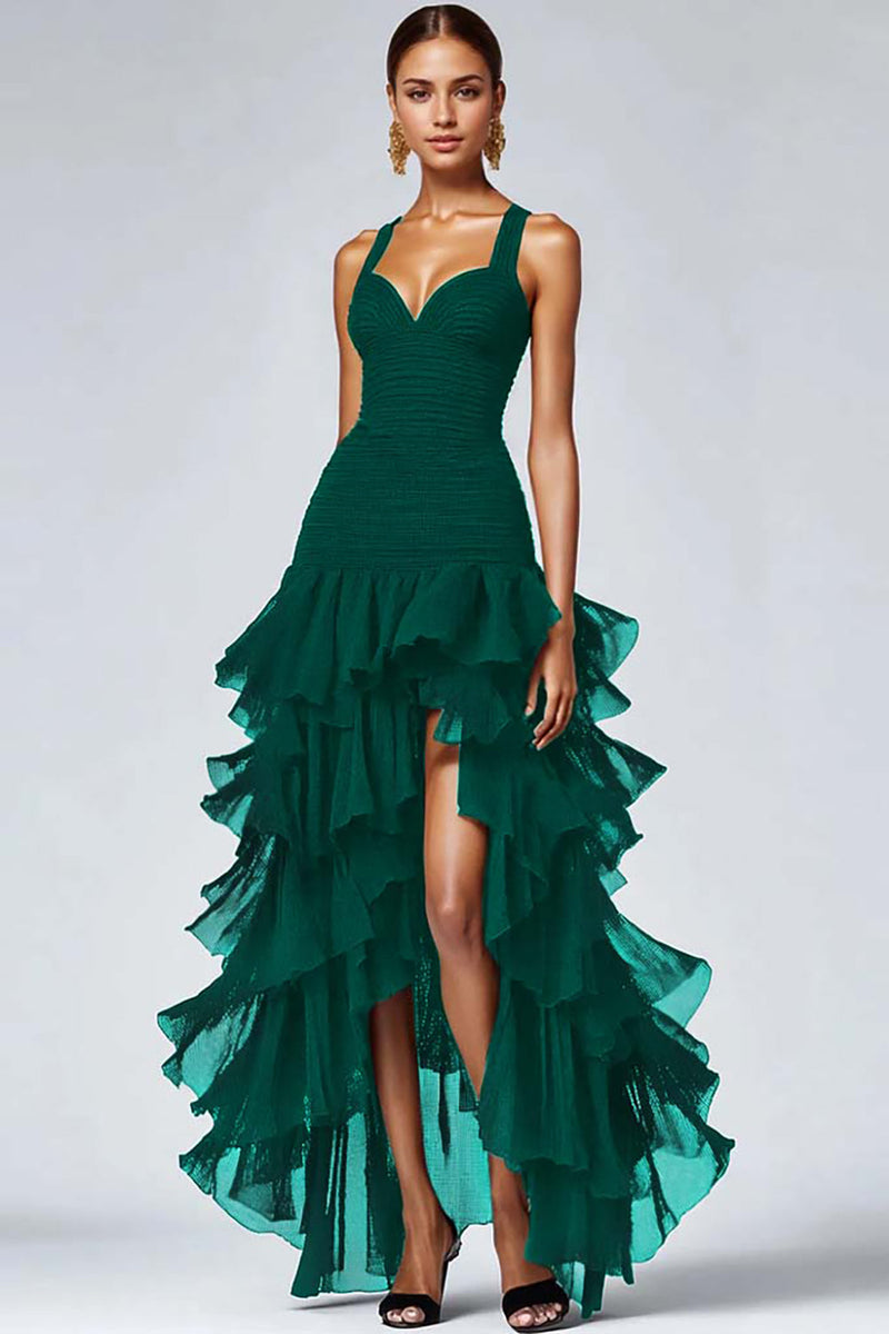 Load image into Gallery viewer, Women Dark Green Organza Ruffled Formal Dress Spaghetti Straps A Line High Low Black Tie Dress