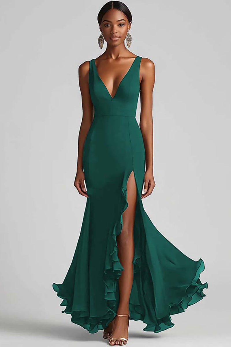 Load image into Gallery viewer, Black Chiffon Mermaid V Neck Long Formal Dress with Slit