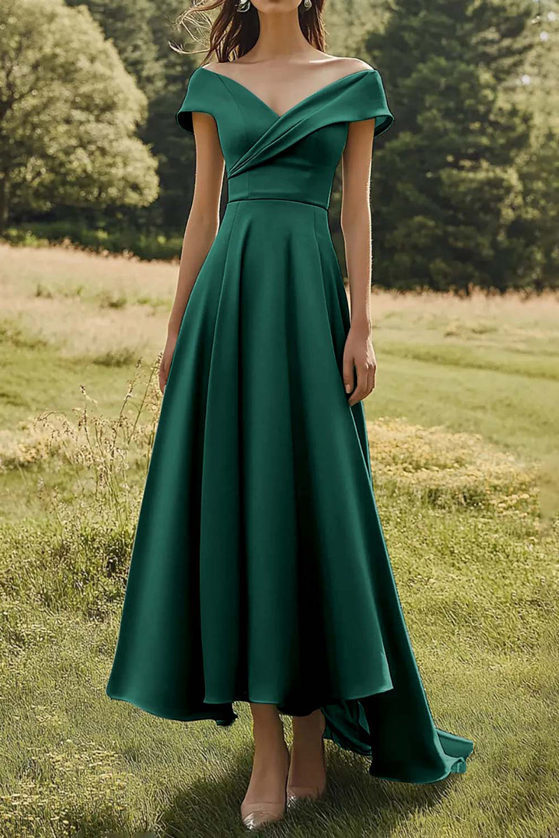 Load image into Gallery viewer, Sage Off the Shoulder A Line Satin Long Formal Dress