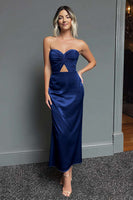 Load image into Gallery viewer, Dark Navy Sweetheart Satin Sheath Long Formal Dress
