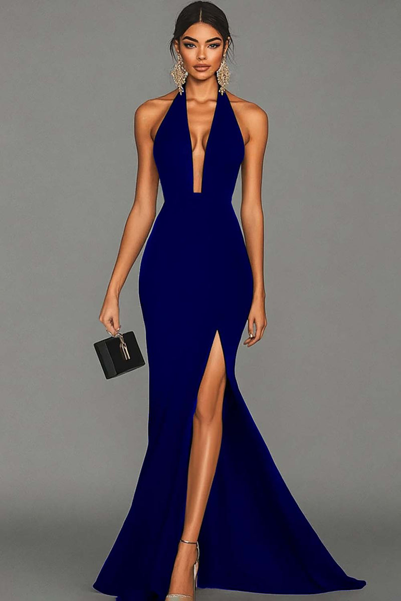 Load image into Gallery viewer, Black Mermaid Satin Halter Long Formal Dress with Slit