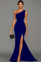 Load image into Gallery viewer, Dark Green Satin One Shoulder Mermaid Long Formal Dress with Slit