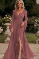 Load image into Gallery viewer, Dark Grey A Line Ruched Long Chiffon Mother of the Bride Dress with Slit