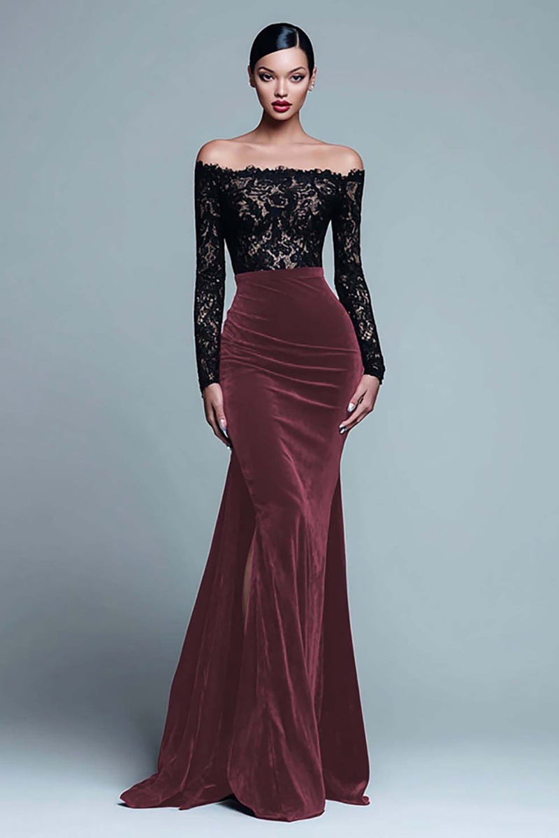 Load image into Gallery viewer, Black and Burgundy Velvet Mermaid Long Sleeves Holiday Party Dress with Lace