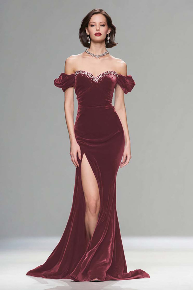 Load image into Gallery viewer, Sparkly Burgundy Mermaid Velvet Long Holiday Party Dress with Beading