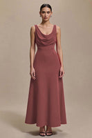 Load image into Gallery viewer, Simple Red Satin Cowl Neck A Line Long Formal Dress