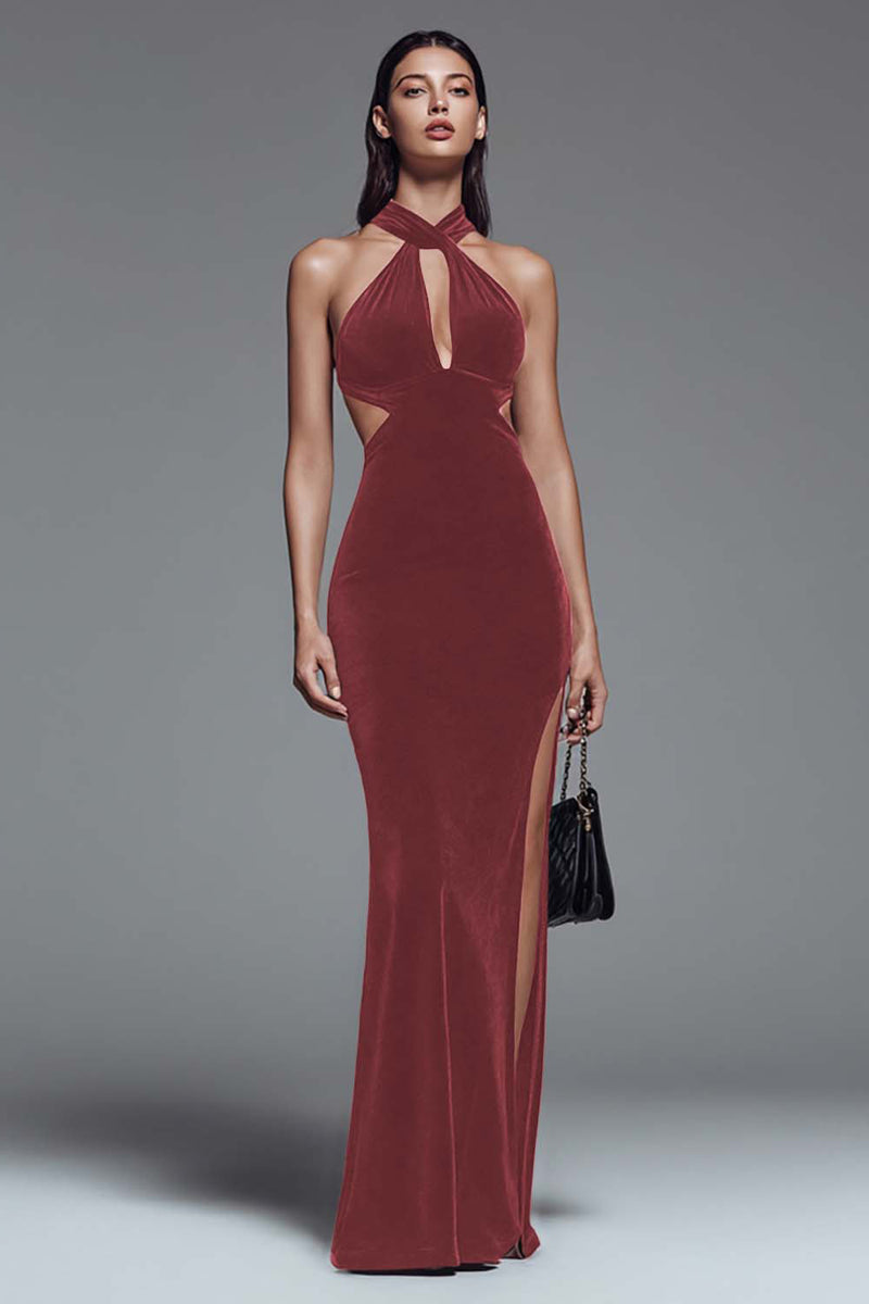 Load image into Gallery viewer, Dark Green Cut Out Mermaid Velvet Long Holiday Party Dress with Slit