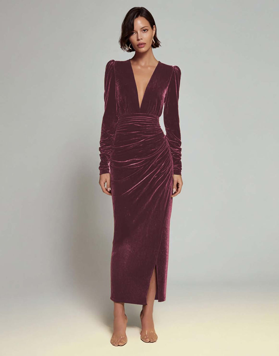 Load image into Gallery viewer, Olive Sheath Deep V-Neck Velvet Long Holiday Party Dress with Sleeves