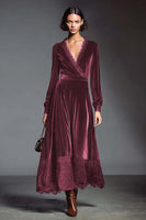 Load image into Gallery viewer, Coffee V-Neck Long Sleeves Velvet Holiday Party Dress with Lace