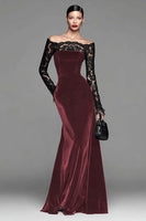 Load image into Gallery viewer, Burgundy Velvet Long Sleeves Mermaid Holiday Party Dress with Lace