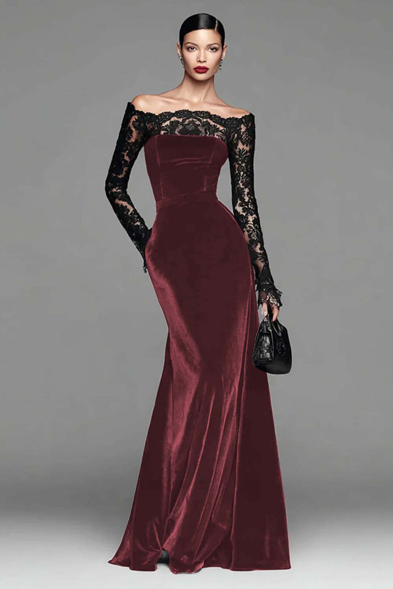 Load image into Gallery viewer, Burgundy Velvet Long Sleeves Mermaid Holiday Party Dress with Lace