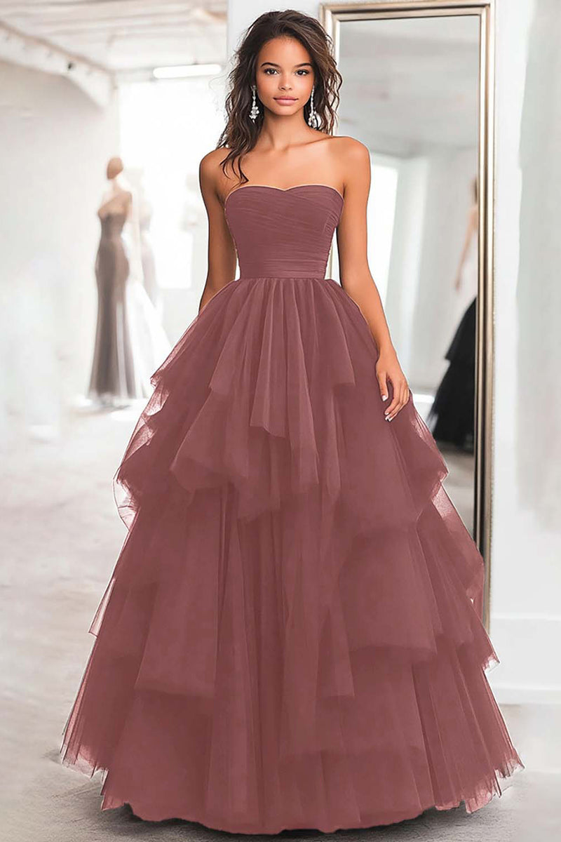 Load image into Gallery viewer, Black Strapless Tulle Tiered Floor Length Prom Dress