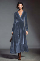 Load image into Gallery viewer, Coffee V-Neck Long Sleeves Velvet Holiday Party Dress with Lace