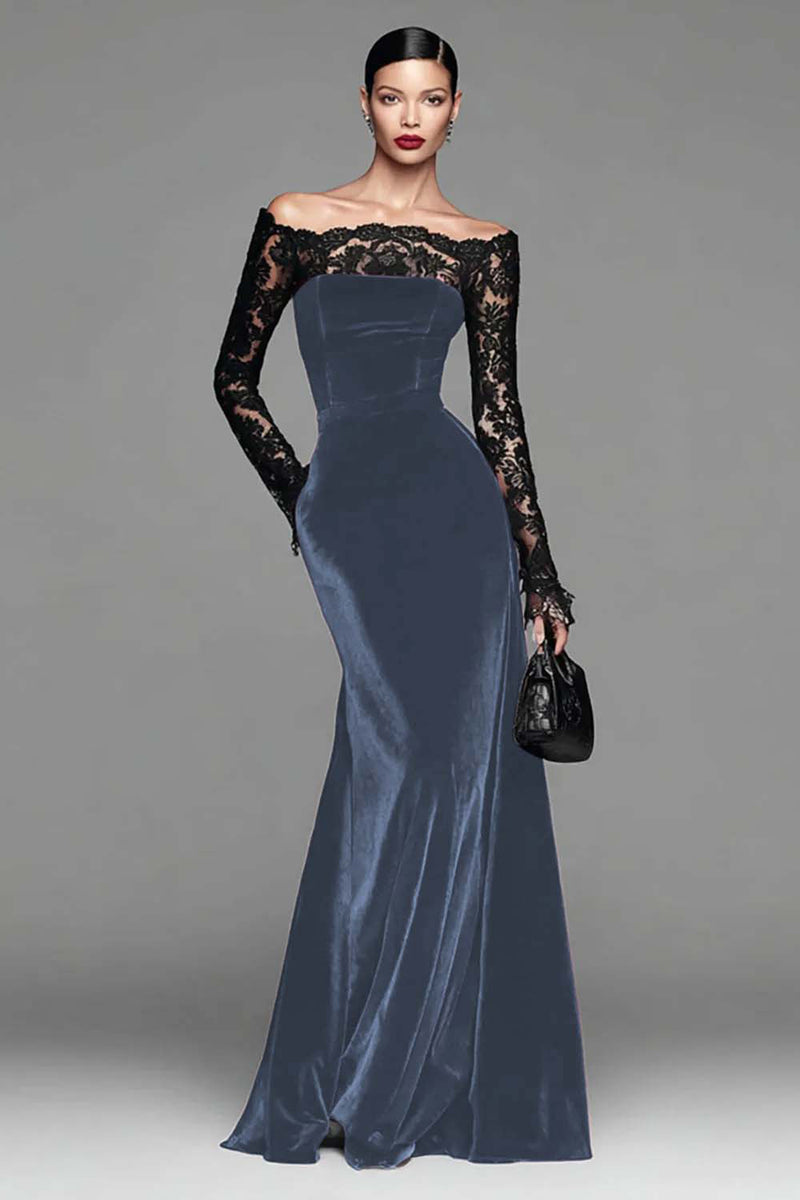 Load image into Gallery viewer, Burgundy Velvet Long Sleeves Mermaid Holiday Party Dress with Lace