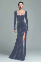 Load image into Gallery viewer, Dark Green Square Neck Velvet Long Holiday Party Dress with Slit
