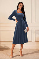 Load image into Gallery viewer, Dark Green Velvet A Line Midi Glitter Holiday Party Dress with Sleeves