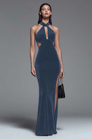 Load image into Gallery viewer, Dark Green Cut Out Mermaid Velvet Long Holiday Party Dress with Slit
