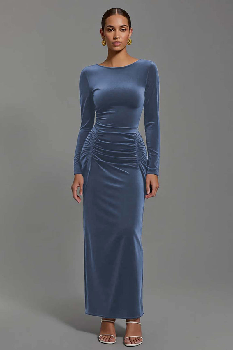 Load image into Gallery viewer, Navy Velvet Sheath Boat Neck Long Holiday Party Dress with Sleeves