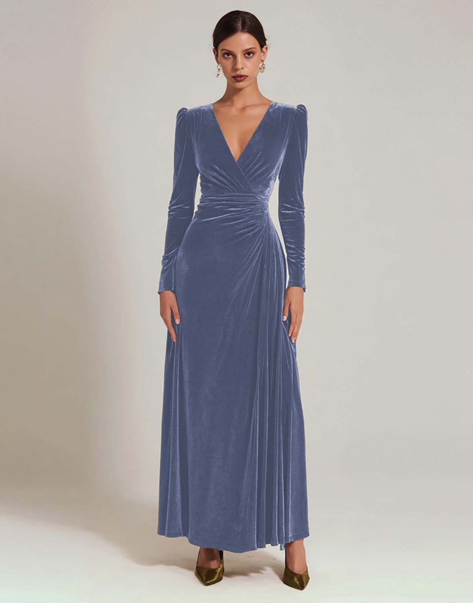 Load image into Gallery viewer, Olive A Line V-Neck Velvet Long Holiday Party Dress with Sleeves