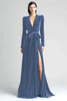 Load image into Gallery viewer, Peacock Blue A Line Ruched Velvet Long Sleeves Holiday Party Dress with Sash