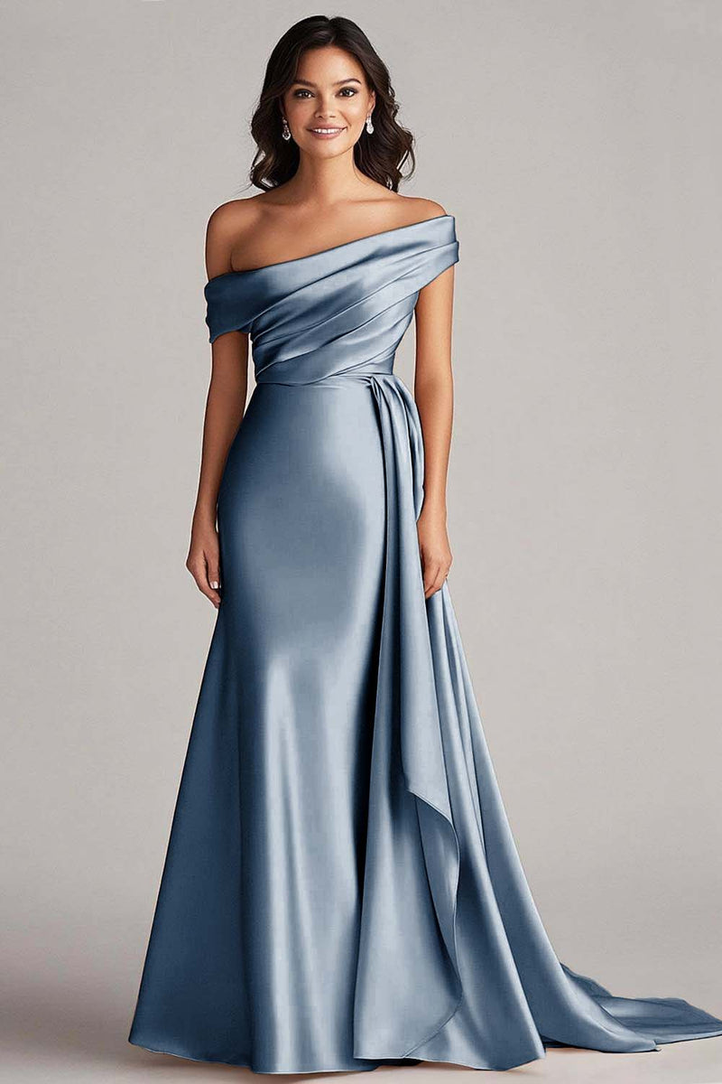 Load image into Gallery viewer, Dusty Blue Satin Formal Dress with Side Cape Mermaid Off the Shoulder Ruched Sweep Train Gala Ball Dress