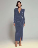 Load image into Gallery viewer, Olive Sheath Deep V-Neck Velvet Long Holiday Party Dress with Sleeves