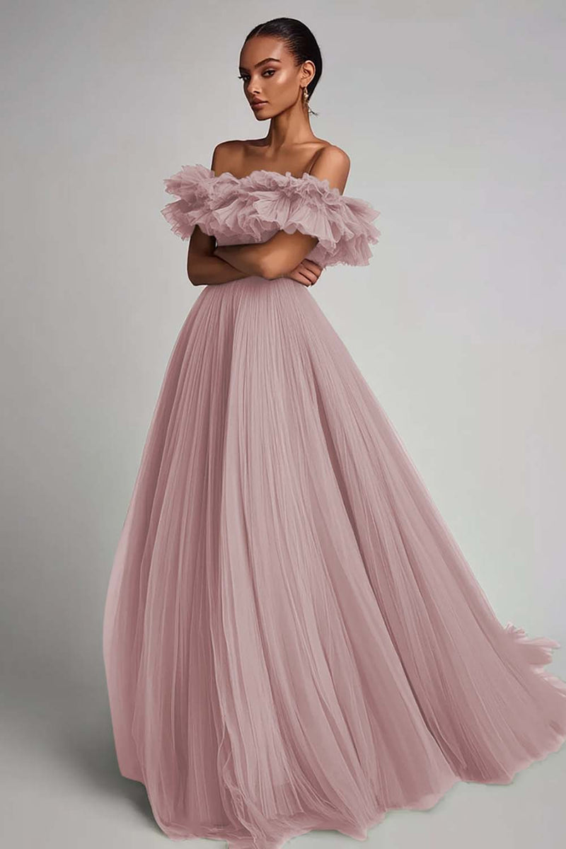Load image into Gallery viewer, Women Dusty Rose A Line Tulle Long Formal Dress Off the Shoulder Ruffled Pleated Prom Dress