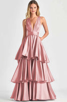 Load image into Gallery viewer, Dusty Sage A Line V-Neck Tiered Satin Long Formal Dress