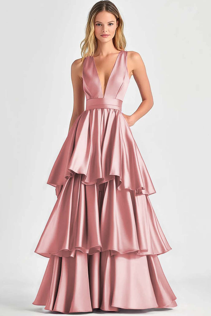 Load image into Gallery viewer, Dusty Sage A Line V-Neck Tiered Satin Long Formal Dress