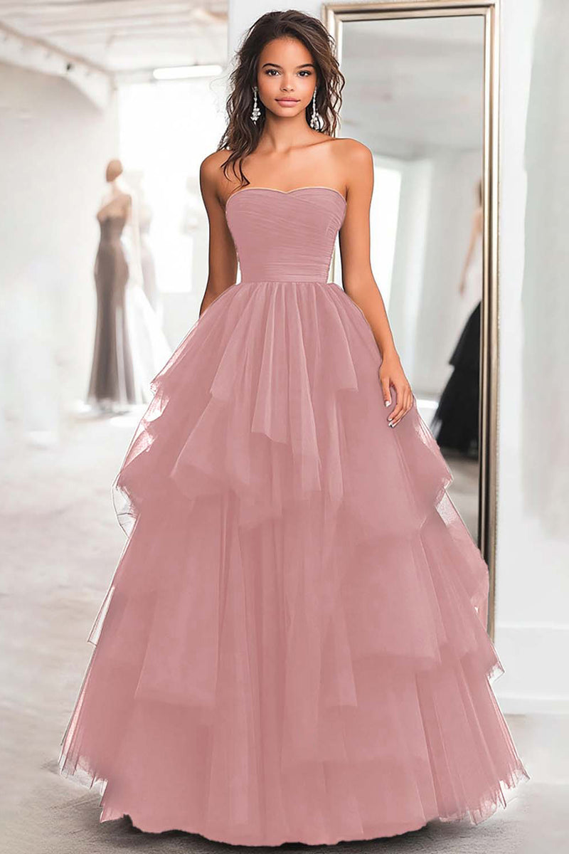 Load image into Gallery viewer, Black Strapless Tulle Tiered Floor Length Prom Dress