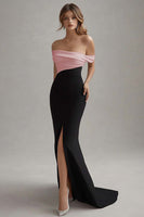 Load image into Gallery viewer, White Long Off the Shoulder Sheath Black Tie Dress with Slit