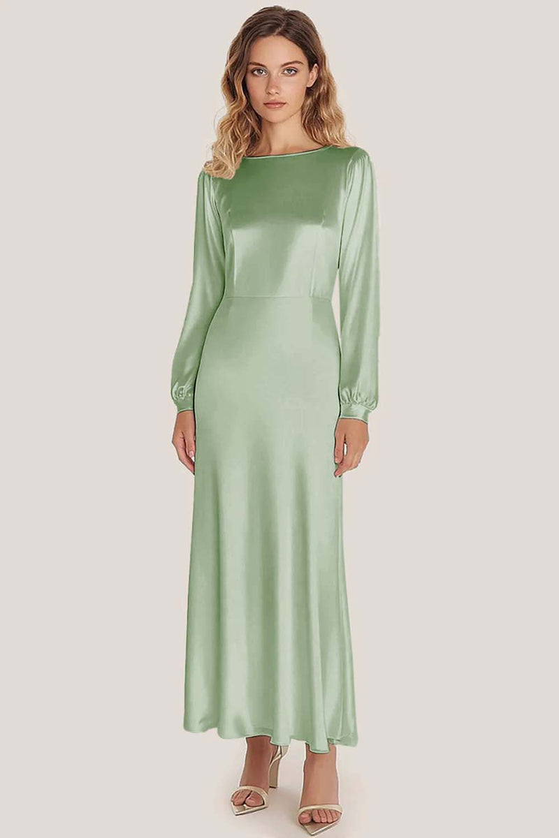 Load image into Gallery viewer, Dusty Sage Satin Long Scoop Formal Dress with Sleeves