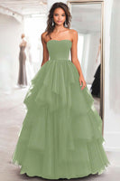 Load image into Gallery viewer, Black Strapless Tulle Tiered Floor Length Prom Dress